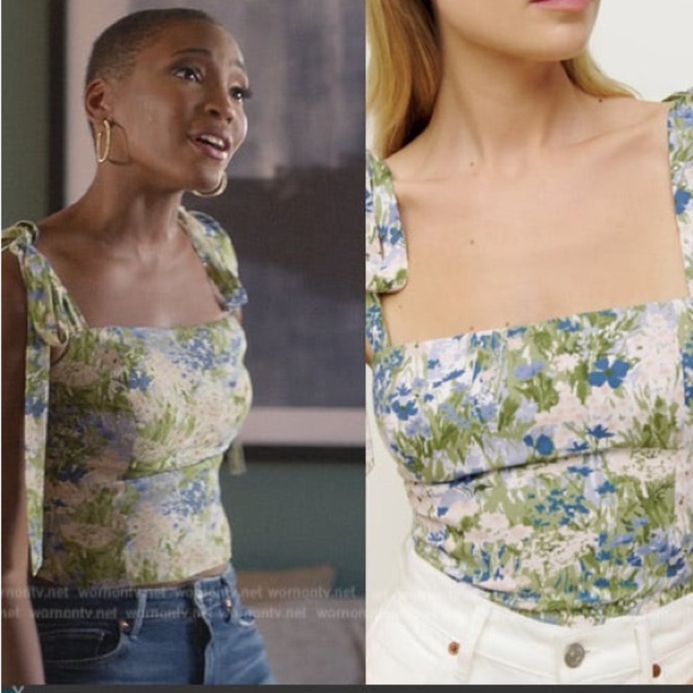 Reformation Blue and Green Floral Bow Tie Top